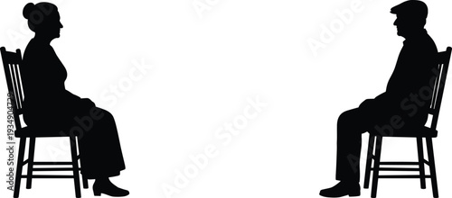 Elderly couple silhouettes sitting apart on chairs, senior man and woman facing each other isolated on white background