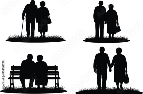 Elderly couple silhouettes walking together, senior man and woman holding hands, love companionship concept, retirement life illustration, vector isolated