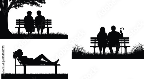 Elderly couple sitting on park bench silhouette, peaceful retirement life concept, loneliness and companionship, nature background, black vector illustration