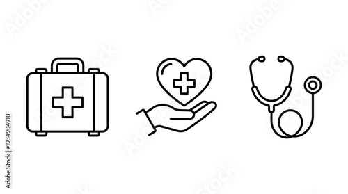 "Vector Medical Care Icons Collection – First Aid Kit, Healthcare Support, Hand Holding Heart, Stethoscope, Wellness, Safety, Protection, Assistance, Hospital, Clinic, Patient Care Vector"