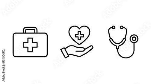 "Vector Medical Care Icons Collection – First Aid Kit, Healthcare Support, Hand Holding Heart, Stethoscope, Wellness, Safety, Protection, Assistance, Hospital, Clinic, Patient Care Vector"