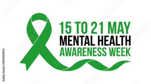 "Vector Mental Health Awareness Week Design – Green Ribbon Symbol, Event Promotion, Support, Wellness, Care, Compassion, Healing, Awareness Campaign, Positive Lifestyle, Community Growth Vector"