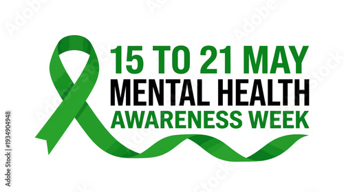 "Vector Mental Health Awareness Week Design – Green Ribbon Symbol, Event Promotion, Support, Wellness, Care, Compassion, Healing, Awareness Campaign, Positive Lifestyle, Community Growth Vector"