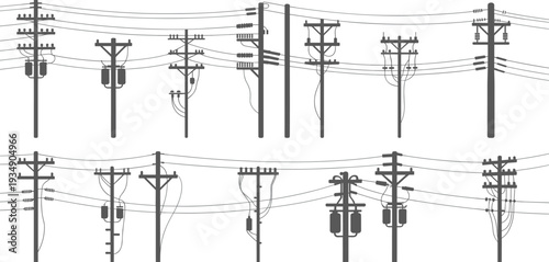 Electric utility poles collection with power lines, electricity distribution infrastructure set, various transmission pole designs, vector illustration isolated minimal style