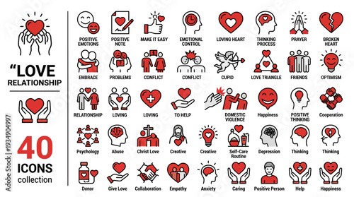 "Vector Love Relationship Icons Collection – Romantic Symbols, Marriage, Dating, Broken Heart, Couple, Chat, Message, Proposal, Hug, Kiss, Gift, Holiday, Security Vector"