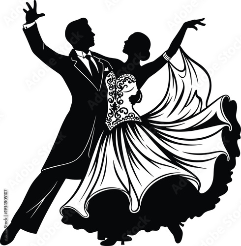 Elegant ballroom dance silhouette, romantic couple performing waltz in formal attire, black and white vector illustration isolated background