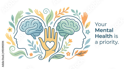 "Vector Mental Health Awareness Illustration Design – Support, Nurture, Journal, Community Growth, Wellness Art, Brain Connection, Healing Hands, Heart Symbol, Nature Elements, Positive Lifestyle Vect