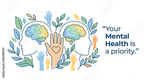 "Vector Mental Health Awareness Illustration Design – Support, Nurture, Journal, Community Growth, Wellness Art, Brain Connection, Healing Hands, Heart Symbol, Nature Elements, Positive Lifestyle Vect