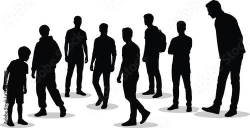 Group of male silhouettes standing together, black vector illustration of young men isolated on white background for social concept