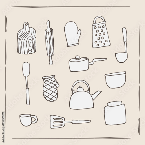 A charming, hand-drawn vector illustration set of essential kitchen utensils and cookware, featuring a rustic and organic doodle style, ideal for home cooking and baking concepts