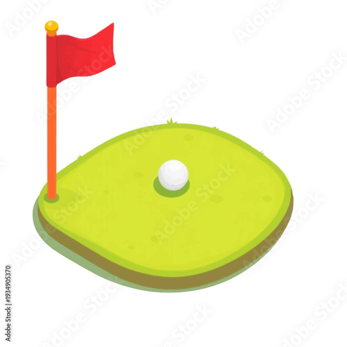 Isometric illustration of a golf ball on a green with a red flag in the hole, representing a golf course.