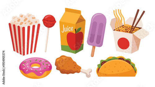 A vibrant and delicious flat cartoon-style illustration featuring a collection of popular fast food and snack items like popcorn, lollipops, and juice