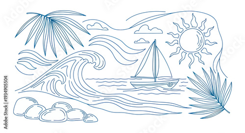 Oceanic Serenity Sailboat Waves Palm Leaves Sun Outline Art.