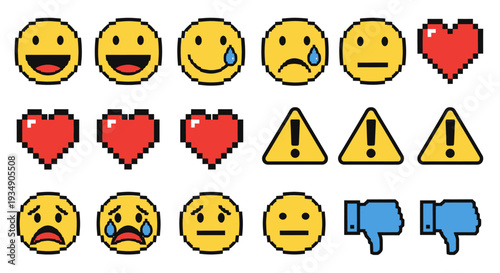 Pixel art emoji set with various expressions and symbols.