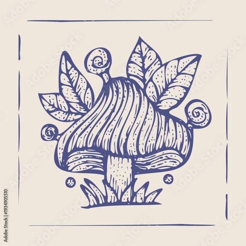Detailed Hand-Drawn Mushroom Illustration in Vintage Organic Style, featuring Intricate Lines and Botanical Elements, Perfect for Nature-Inspired Art and Decorative Designs