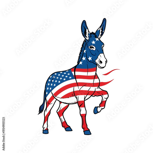 A patriotic donkey with the American flag pattern on its body, symbolizing the Democratic Party, standing on a white background.