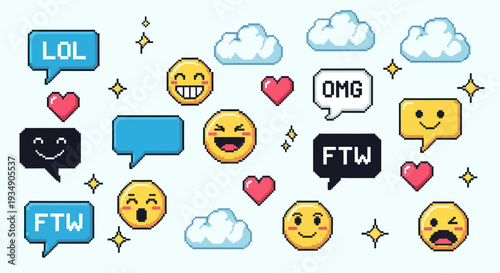 Pixel Art Emoticons and Chat Bubbles Collection.