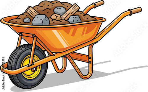 An orange wheelbarrow filled with soil, rocks, and wood planks, ready for construction or gardening work.