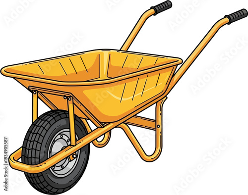Bright yellow wheelbarrow with a single black tire and handles, a common garden and construction tool.