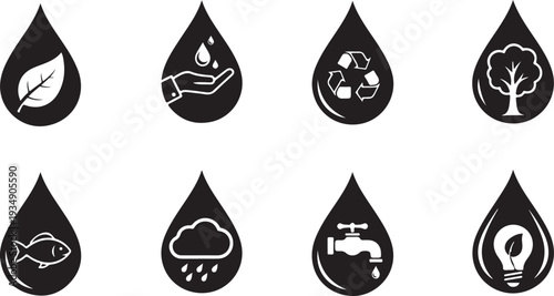 Eco friendly water conservation icons in black and white