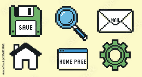 Retro Pixel Art Computer Icons Set for Digital Interface.