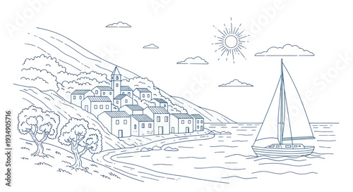 Sailboat on the water near a coastal village.