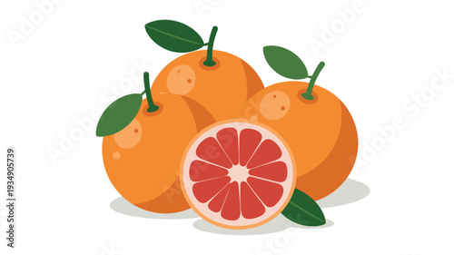 A vibrant, flat, 2D illustration of a halved grapefruit surrounded by whole grapefruits, showcasing their juicy segments and green leaves, evoking freshness and health