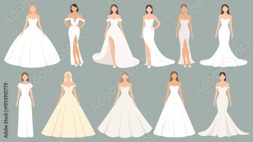 A stunning collection of seven elegant wedding dresses, showcasing diverse silhouettes and styles from modern to traditional, perfect for any bride's special day