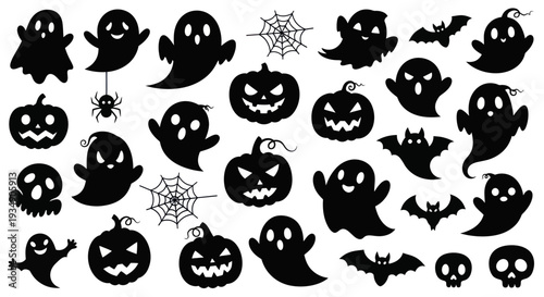 Spooky Halloween Silhouettes Collection Ghosts Pumpkins Bats Spiders Skulls.