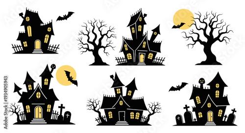 Spooky haunted houses with bats and spooky trees for Halloween.