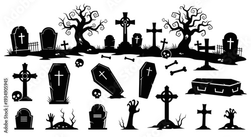 Spooky Graveyard Silhouettes with Tombstones Coffins and Zombie Hands.