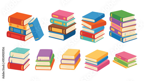 A charming digital illustration featuring nine distinct stacks of colorful books, showcasing a variety of sizes and arrangements, perfect for educational or literary themes