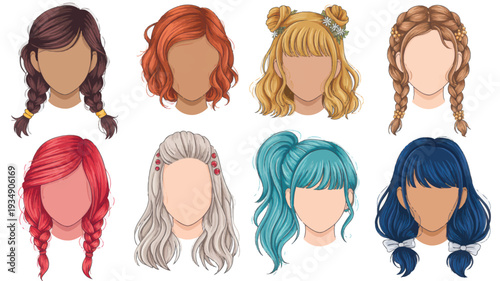 Digital illustration set diverse female hairstyles. Eight unique looks, varied colors – braids, bobs, ponytails, bangs. Perfect for beauty, fashion, and character design