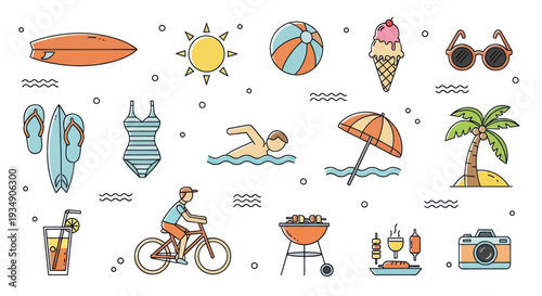 Vibrant Summer Vacation and Beach Activities Doodle Icons Collection.