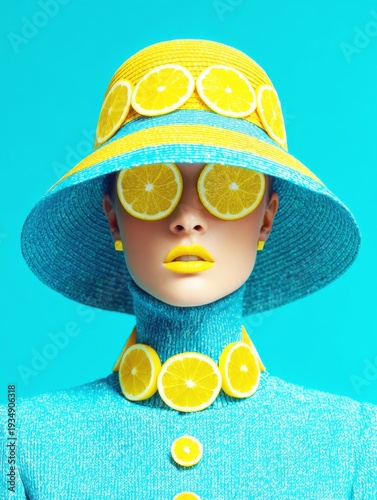 Surreal fashion portrait of a woman with fresh lemon slices on her hat and eyes wearing vibrant makeup.