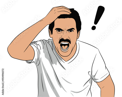 A man's frustration and shock as he clutches his head in disbelief, with an exclamation mark conveying surprise