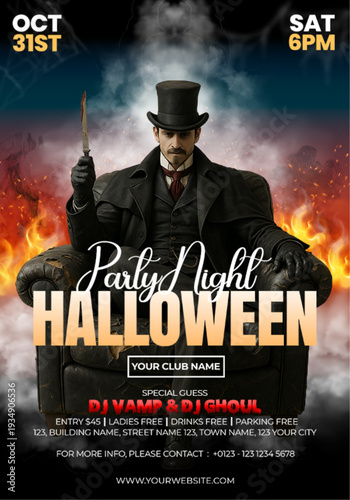 A magician sitting on a sofa in a smokey & fiery room.