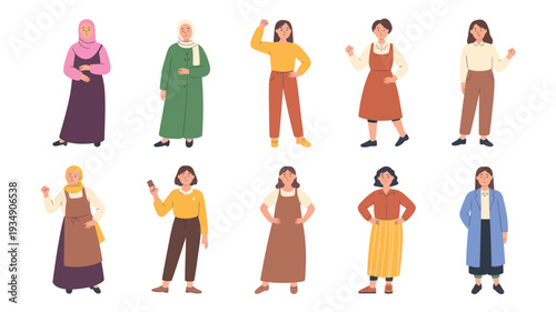 A diverse collection of women in various outfits, showcasing different styles and professions in a vibrant and inclusive artistic representation