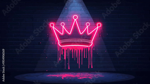 Neon pink crown with dripping paint effect illuminated by a spotlight on a dark brick wall.