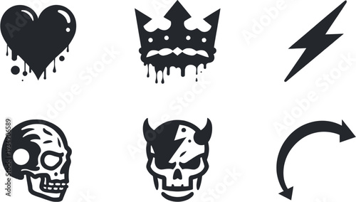 A collection of six edgy black and white graphic design icons including a dripping heart, crown, lightning bolt, and skulls.