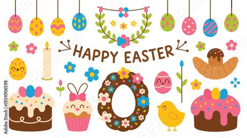 A delightful collection of cheerful Easter-themed illustrations featuring decorated eggs, cakes, cupcakes, a wreath, flowers, a chick, and a croissant, perfect for festive decorations and celebrations