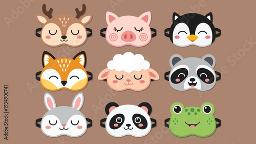 Collection of nine adorable animal sleep masks featuring a deer, pig, penguin, fox, sheep, raccoon, rabbit, panda, and frog, perfect for children's sleepovers or travel
