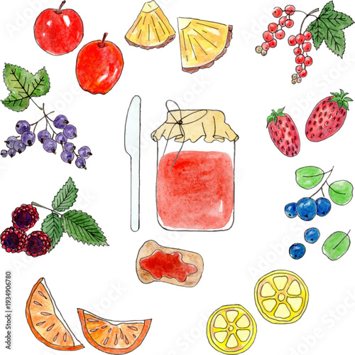 Colorful watercolor depiction of various fruits and jam