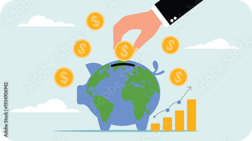 Flat design illustration of a hand placing gold coins into an Earth piggy bank, symbolizing global investment, savings, and sustainable economic growth worldwide