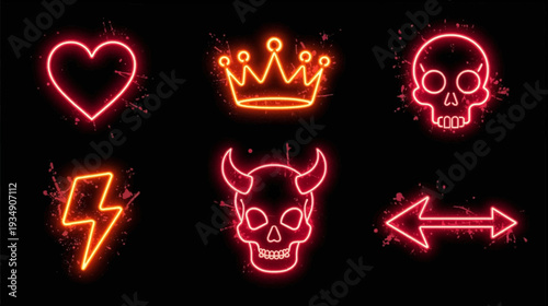 Six vibrant neon light icons including a heart, crown, skull, lightning bolt, and arrow, glowing with a fiery spark effect on a dark background.