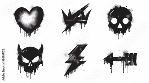 Black and white graffiti-style symbols with dripping paint effect, including heart, crown, skull, devil skull, lightning bolt, and arrow.