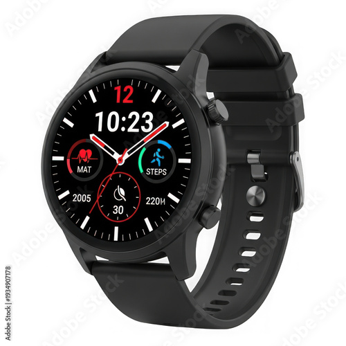 A black smartwatch with a digital display on a white background isolated on transparent background