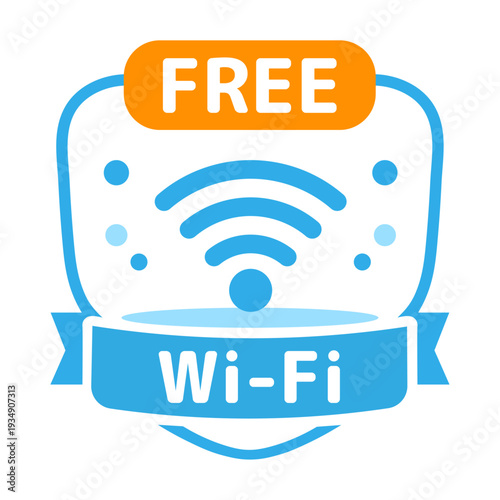 Free WiFi Zone Badge Vector Icon with Shield and Ribbon – Wireless Internet Connection Symbol Logo Isolated on White Background