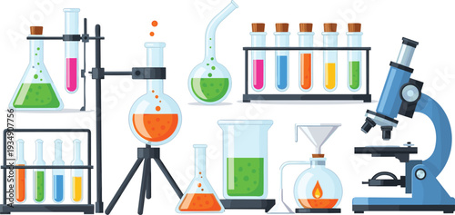 Comprehensive Scientific Laboratory and Research Scene Featuring Microscope Multi-Colored Chemical Test Tubes and Distillation Glassware
