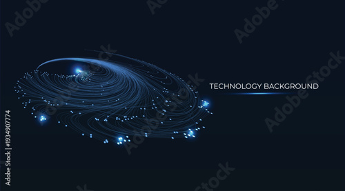 Fiber Optic strands orbiting like a galaxy in the Universe. Vibrant, glowing bright blue; a sleek, futuristic technological concept for fintech and internet presentations, background. UI UX. Waveform